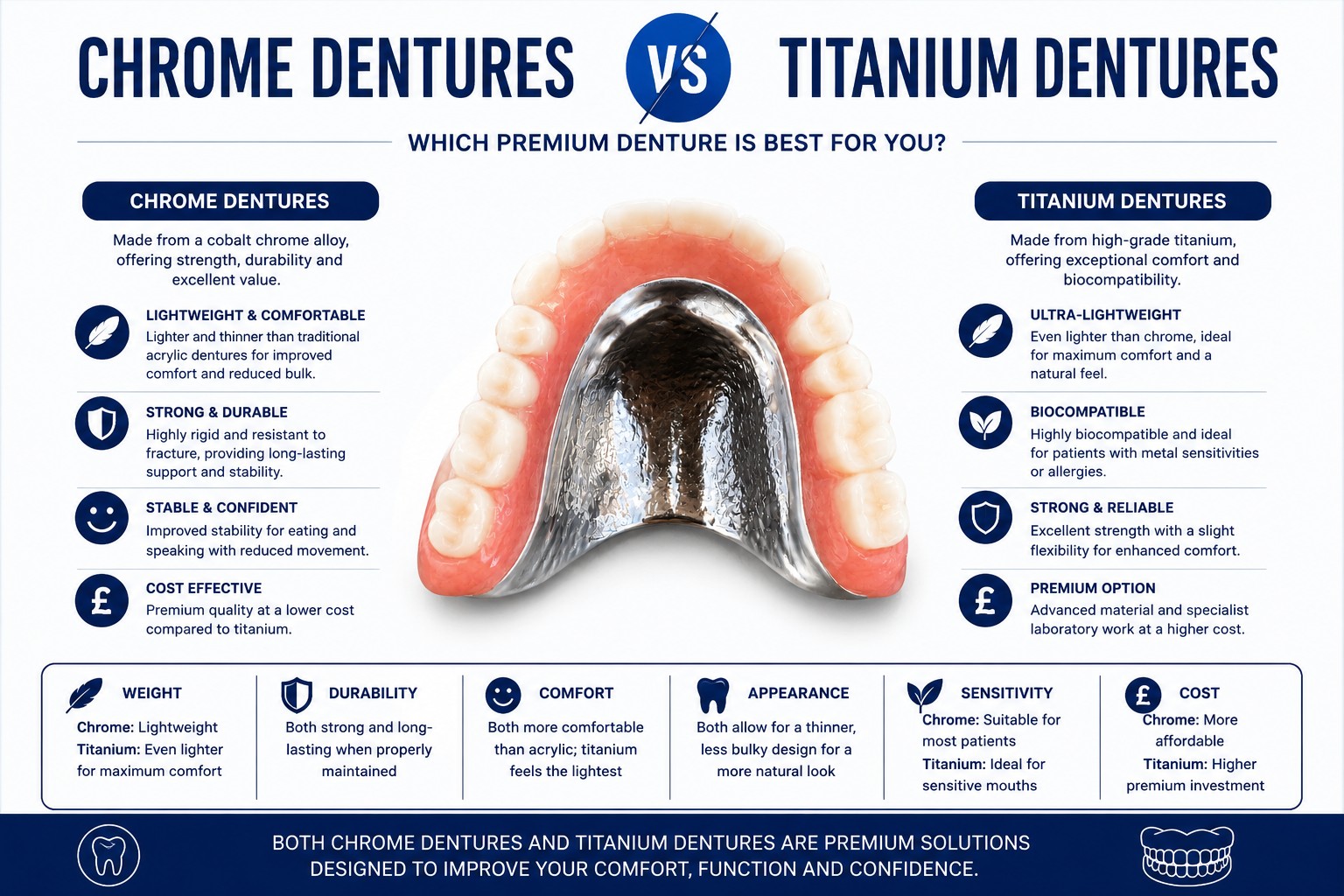 Comparison of chrome dentures vs titanium dentures showing differences in comfort, weight, durability and cost.